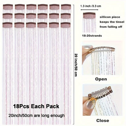 Beautiful Wig Clips Cross-Border Laser Golden Thread 18pcs Set Tinsel Hair Colorful Shiny Golden and Silvery Thread Gift Box BB Clips Single Card Hair Extensions Christmas Gift